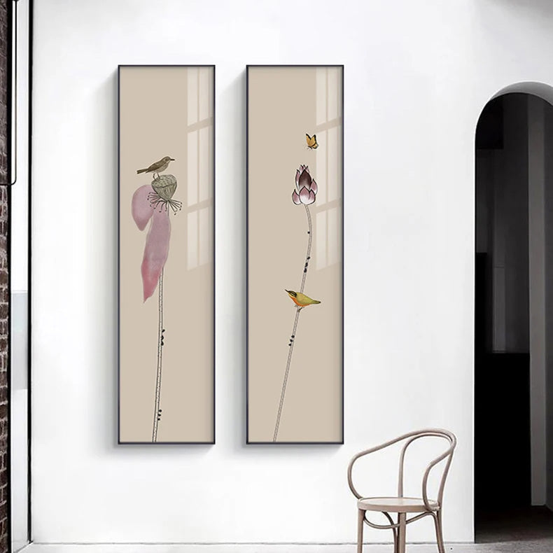 Minimalistische Blumen Vögel & Schmetterling Wandkunst Feine Kunst Leinwanddrucke Hohe Vertikale Format Bilder Für Foyer Lobby Empfangsraum Kunst Dekor | Brehn