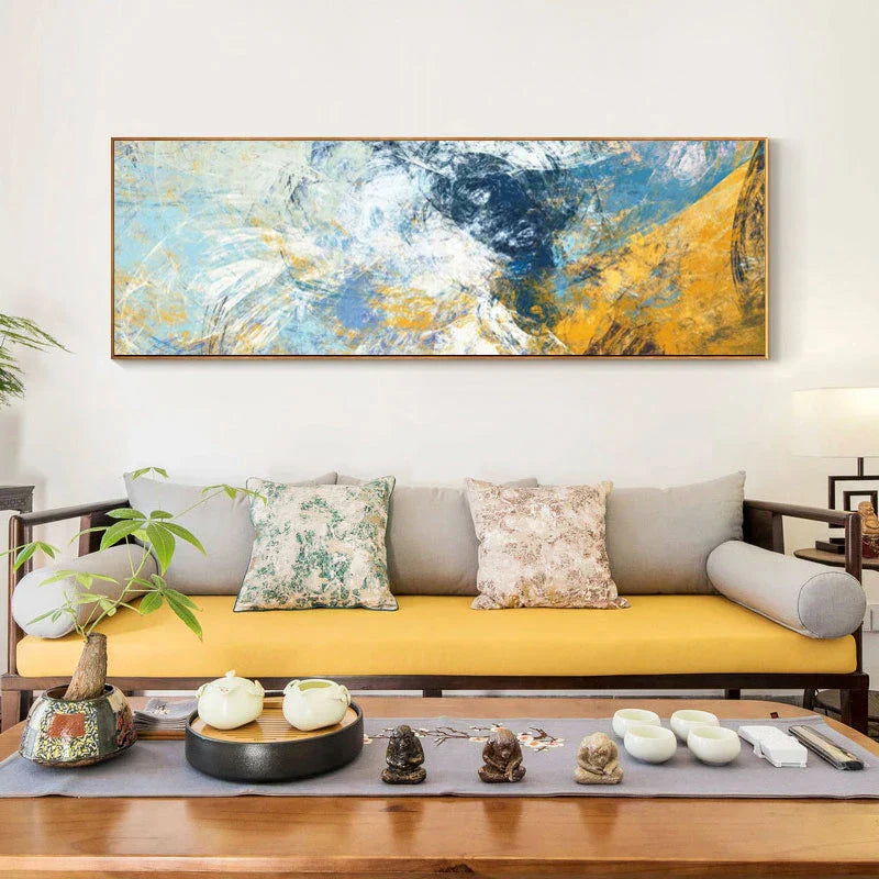 Moderne abstrakte blaue und gelbe Farbspritzer Wandkunst Fine Art Leinwanddrucke Breitformatbilder für über dem Sofa Schlafzimmerkunst für über dem Bett