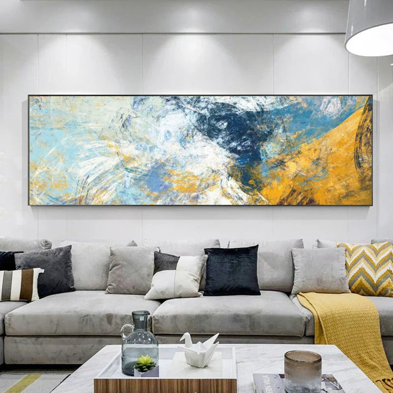 Moderne abstrakte blaue und gelbe Farbspritzer Wandkunst Fine Art Leinwanddrucke Breitformatbilder für über dem Sofa Schlafzimmerkunst für über dem Bett