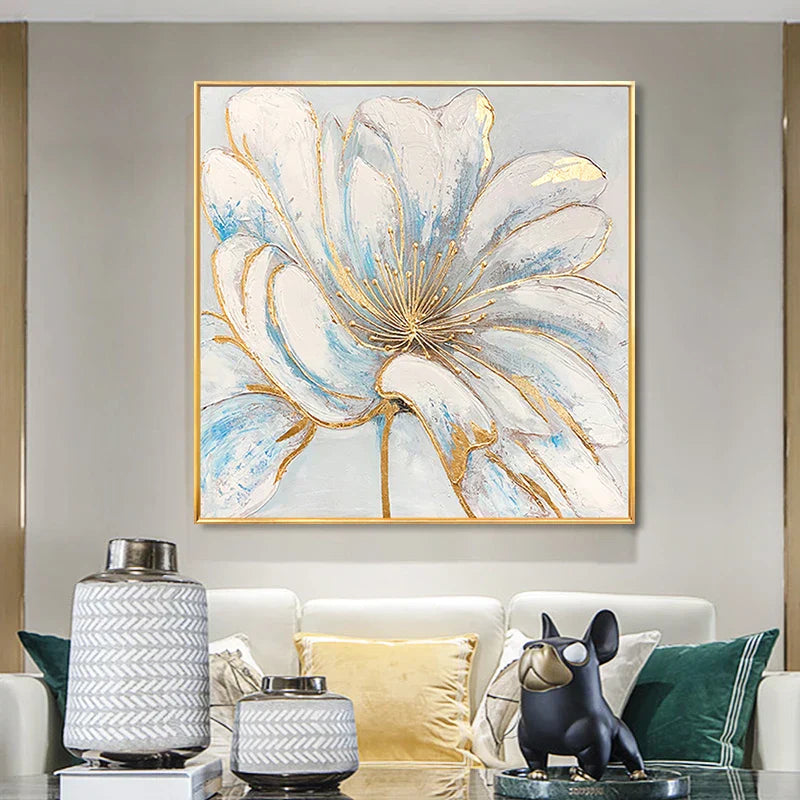 Moderne abstrakte Blumen Wandkunst Fine Art Leinwanddrucke quadratisches Format weiße goldene Blumenbilder für Wohnzimmer Schlafzimmer Kunstdekoration