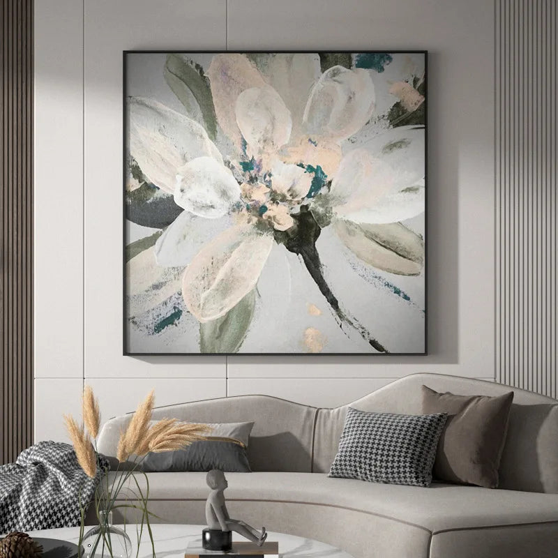 Moderne abstrakte Blumen Wandkunst Fine Art Leinwanddrucke quadratisches Format weiße goldene Blumenbilder für Wohnzimmer Schlafzimmer Kunstdekoration