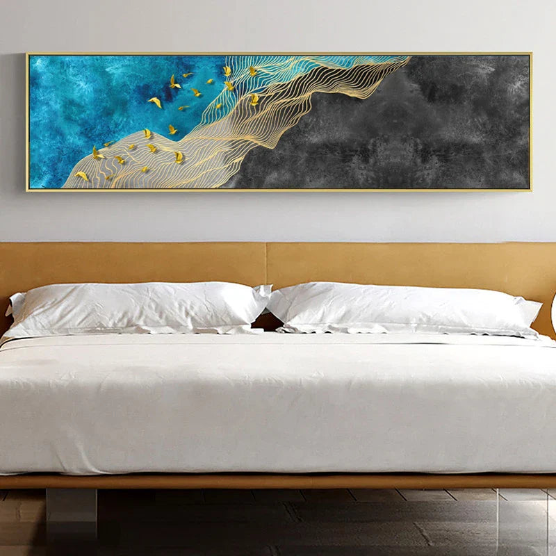 Abstrakte Goldene Vögel Im Blauen Himmel Breitformat Wandkunst Fine Art Leinwanddrucke Bild Für Über Dem Bett Kunst Für Über Dem Sofa