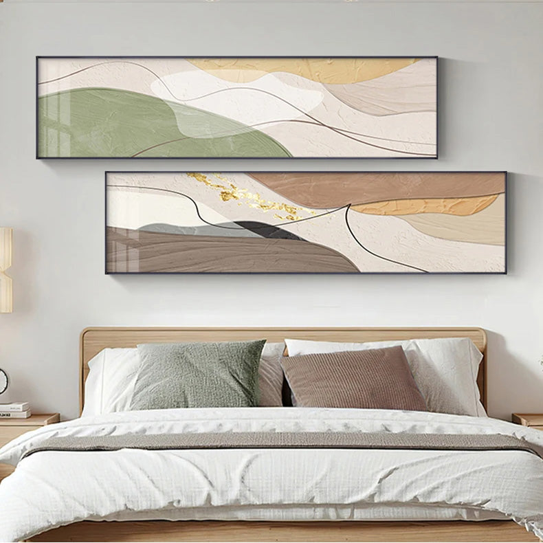 Moderne abstrakte Wandkunst im breiten Format Neutrale Farben Fließende Linien Fine Art Leinwanddrucke Bilder für über dem Sofa Kunst für über dem Bett | Brehn