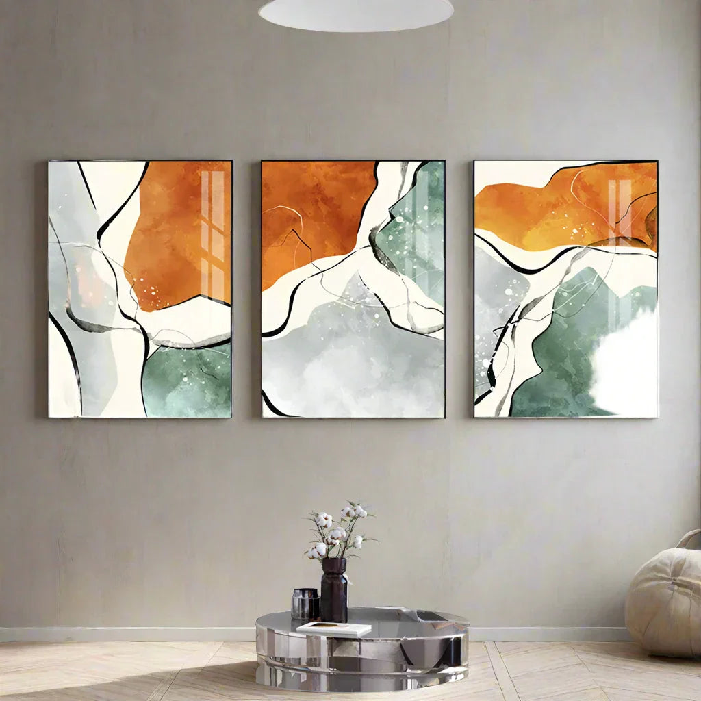 Moderne Farbpaletten Nordische abstrakte Wandkunst Feine Kunst Leinwanddrucke Grau Orange Grün Flüssige dynamische Bilder für Wohnzimmer Büro Foyer Kunst Dekor