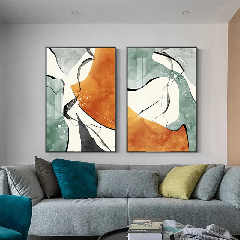 Moderne Farbpaletten Nordische abstrakte Wandkunst Feine Kunst Leinwanddrucke Grau Orange Grün Flüssige dynamische Bilder für Wohnzimmer Büro Foyer Kunst Dekor