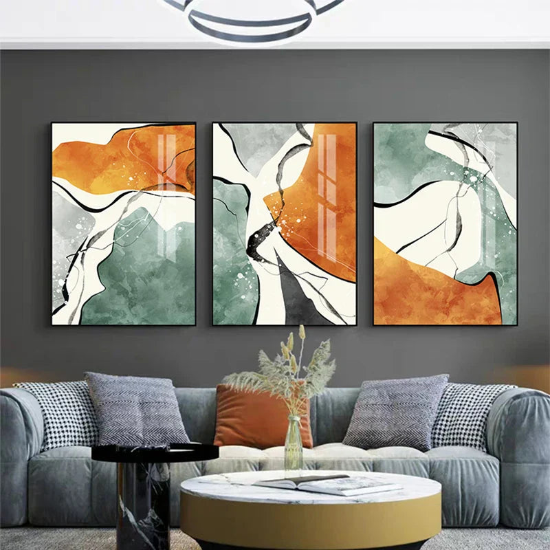 Moderne Farbpaletten Nordische abstrakte Wandkunst Feine Kunst Leinwanddrucke Grau Orange Grün Flüssige dynamische Bilder für Wohnzimmer Büro Foyer Kunst Dekor