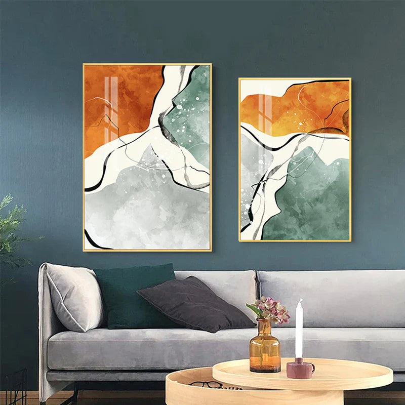Moderne Farbpaletten Nordische abstrakte Wandkunst Feine Kunst Leinwanddrucke Grau Orange Grün Flüssige dynamische Bilder für Wohnzimmer Büro Foyer Kunst Dekor