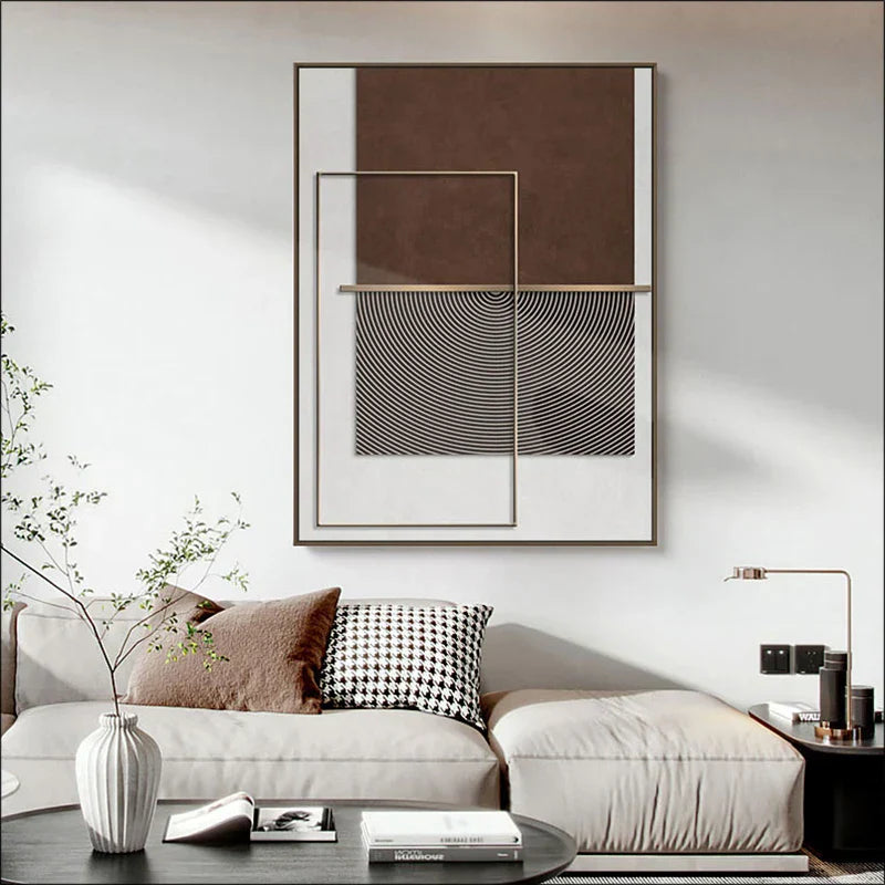 Moderne Geometrische Abstrakte Leinwanddrucke - Elegante Architektonische Wandkunst mit Kreisformen, Vertikalen Linien und Brauntönen, Terrakotta & Beige Goldfarbene Akzente