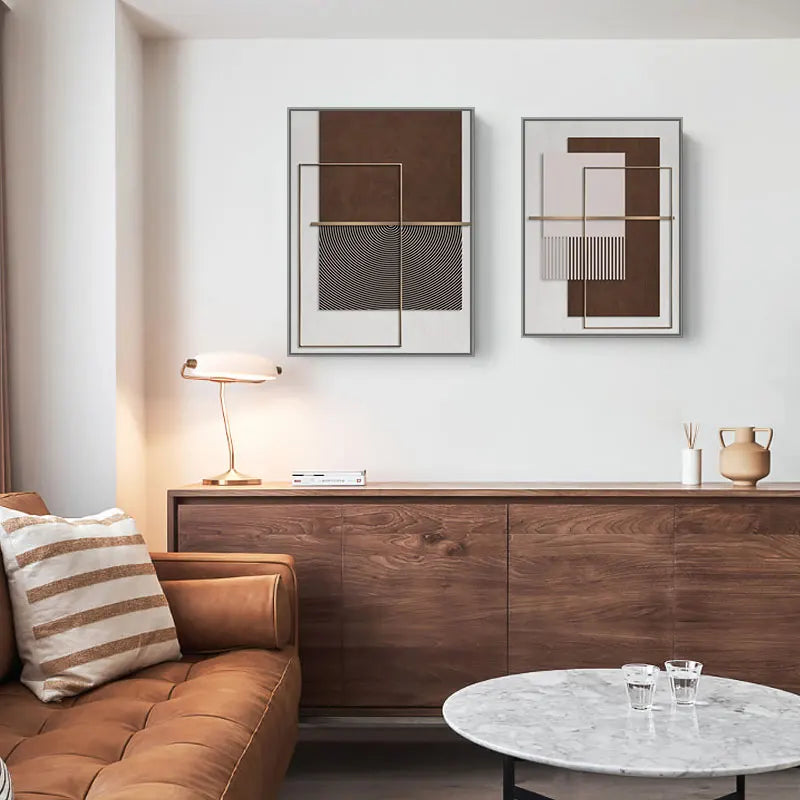 Moderne Geometrische Abstrakte Leinwanddrucke - Elegante Architektonische Wandkunst mit Kreisformen, Vertikalen Linien und Brauntönen, Terrakotta & Beige Goldfarbene Akzente