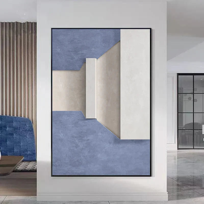 Moderne Minimalistische Abstrakte Geometrische Leinwanddruck Wandkunst - Dreidimensionales Design in Blau, Beige und Weiß - Zeitgenössische Wandkunst für Wohn- oder Bürodeko