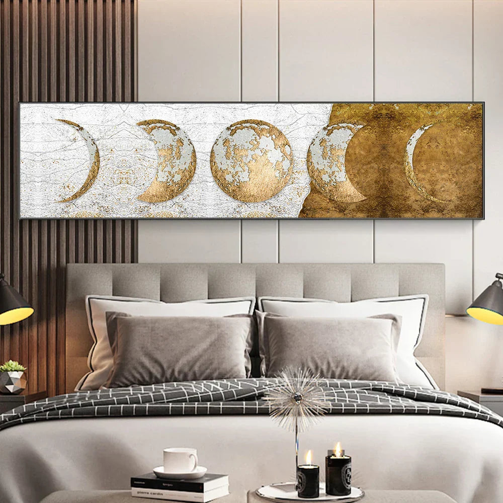 Modern Rustikal Goldene Mondphasen Wandkunst Fine Art Leinwanddrucke Breitformat Bilder Über dem Bett Breite Bilder Über dem Sofa