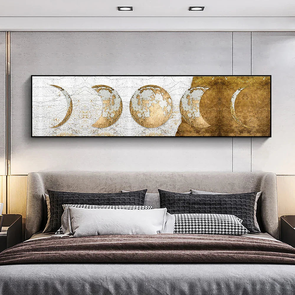 Modern Rustikal Goldene Mondphasen Wandkunst Fine Art Leinwanddrucke Breitformat Bilder Über dem Bett Breite Bilder Über dem Sofa