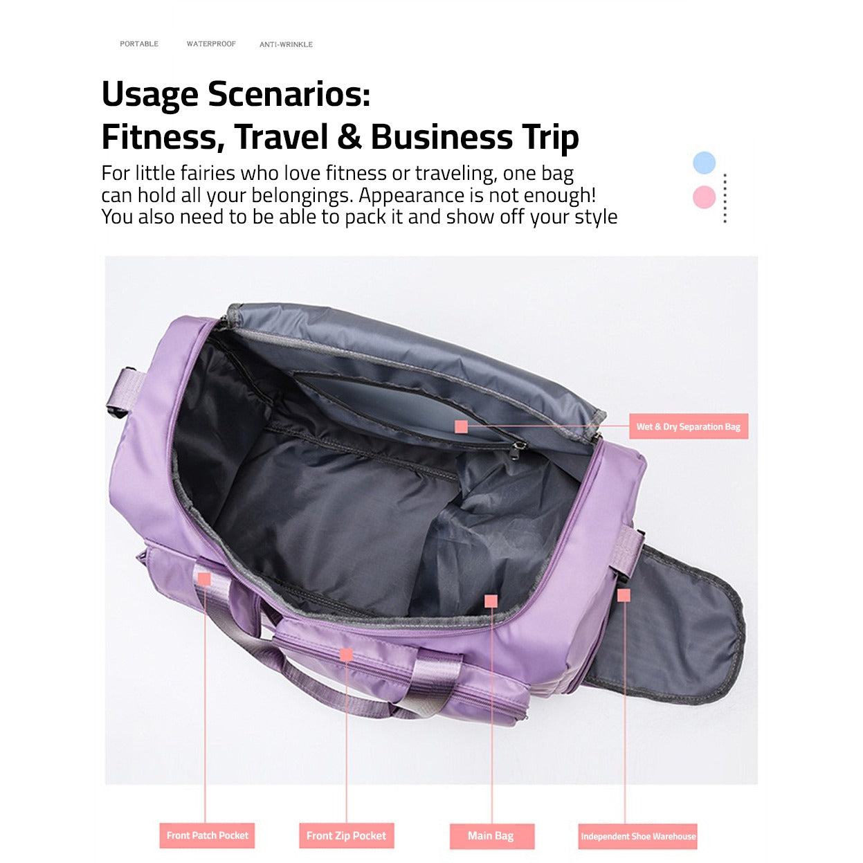 Reisetasche mit mehreren Fächern, Sport- und Fitnessstudiotasche mit separatem Schuhfach