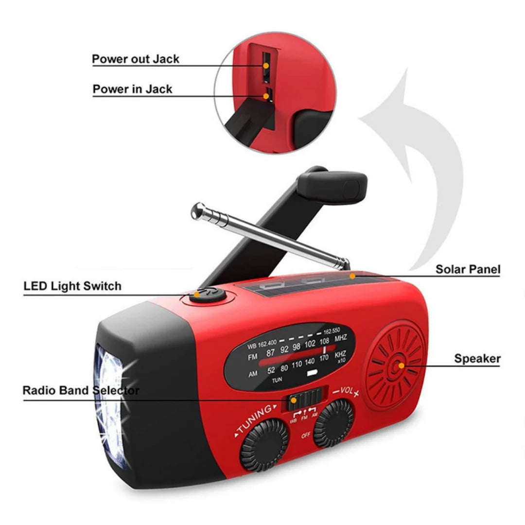 Kaufen Sie Multifunktionales Notfallradio – Ladefunktion mit LED-Taschenlampe und Handgenerator für Mobiltelefone – Bestes Notfallradio | Brehn