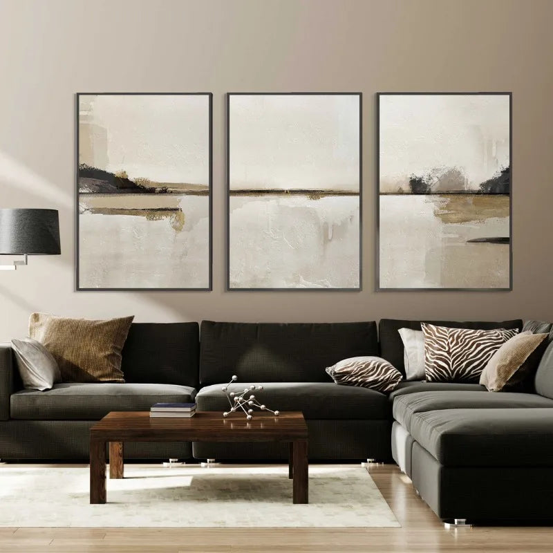 Minimalistische abstrakte Landschaftswandkunst neutrale Farben Fine Art Leinwanddrucke Beige/Schwarz Bilder für Wohnzimmer, Schlafzimmer, Kunst für zeitgenössische Innenräume | Brehn