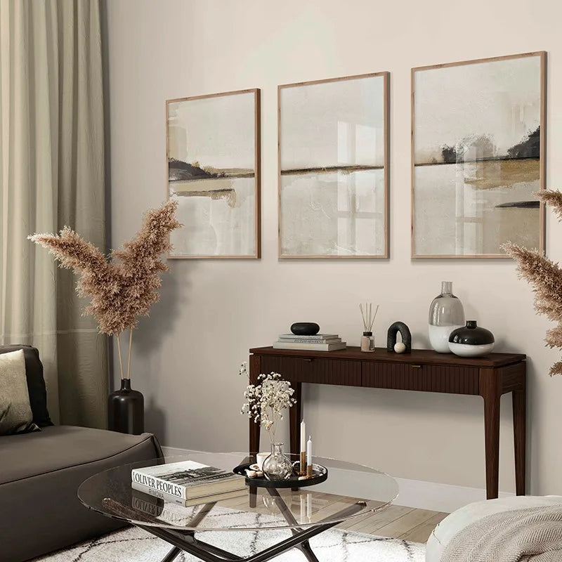 Minimalistische abstrakte Landschaftswandkunst neutrale Farben Fine Art Leinwanddrucke Beige/Schwarz Bilder für Wohnzimmer, Schlafzimmer, Kunst für zeitgenössische Innenräume | Brehn