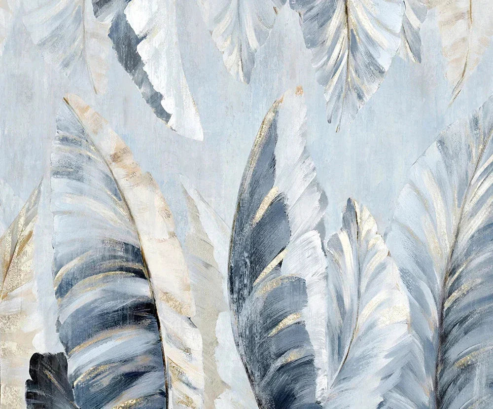 Nordic Abstract Blaue Goldene Palmblätter & Federn Wandkunst Fine Art Leinwanddrucke Moderne Abstrakte Botanische Bilder Für Wohnzimmer Schlafzimmer Kunst Dekor