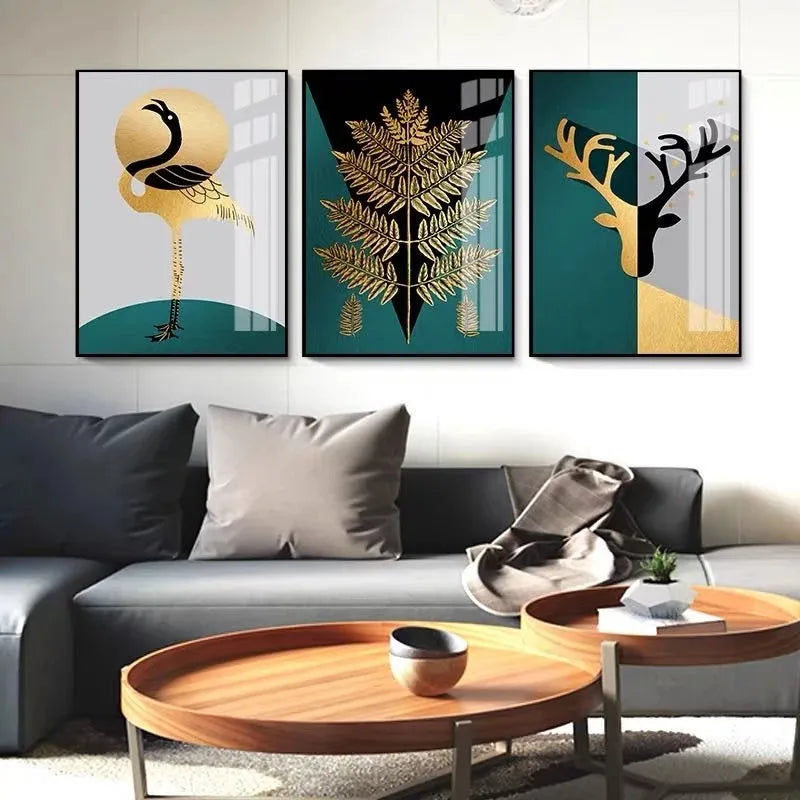 Nordic Abstract Golden Fern Deer Flamingo Wandkunst Fine Art Leinwanddrucke Bilder Für Modernes Apartment Wohnzimmer Esszimmer Kunst Dekor