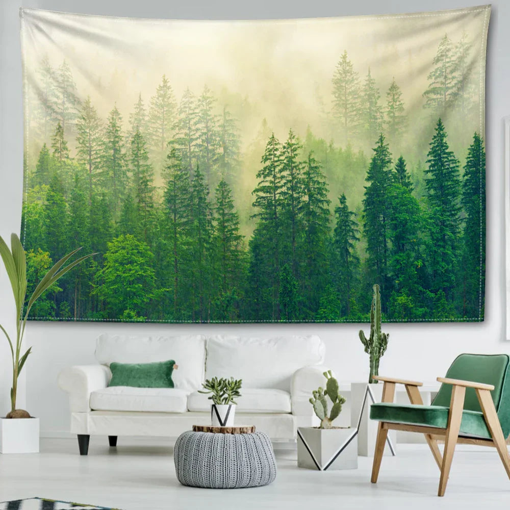 Nordic Hängender Wandteppich Dekoration 100% Polyester Gedruckte Nebelwald Landschaft Wandteppiche Inspirierende Bilder der Ruhe für Wohnzimmer Dekor