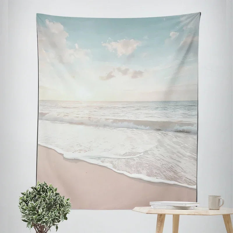 Nordic Hängender Wandteppich Dekoration 100% Polyester Bedruckte Meereslandschaften Sonne Meer & Sandstrand Blauer Himmel Wandteppiche Bilder von Ruhe für das Wohnzimmer