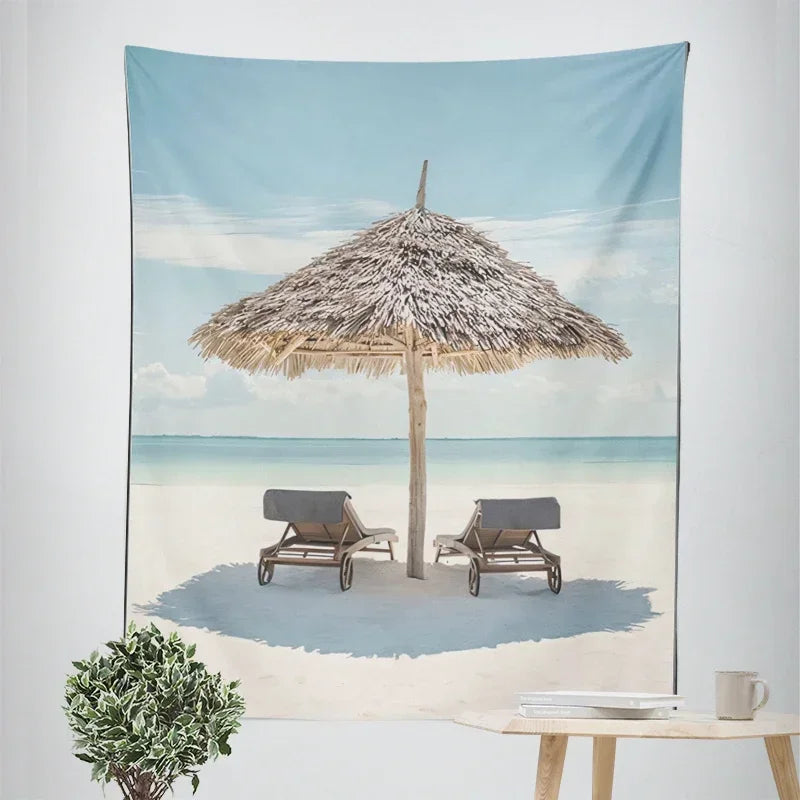 Nordic Hängender Wandteppich Dekoration 100% Polyester Bedruckte Meereslandschaften Sonne Meer & Sandstrand Blauer Himmel Wandteppiche Bilder von Ruhe für das Wohnzimmer