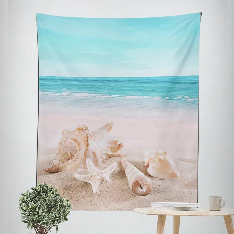 Nordic Hängender Wandteppich Dekoration 100% Polyester Bedruckte Meereslandschaften Sonne Meer & Sandstrand Blauer Himmel Wandteppiche Bilder von Ruhe für das Wohnzimmer