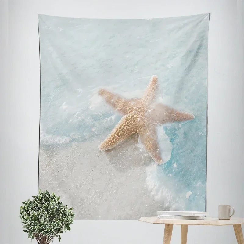 Nordic Hängender Wandteppich Dekoration 100% Polyester Bedruckte Meereslandschaften Sonne Meer & Sandstrand Blauer Himmel Wandteppiche Bilder von Ruhe für das Wohnzimmer
