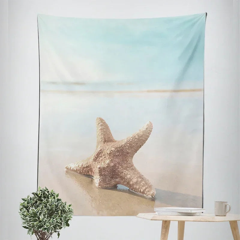 Nordic Hängender Wandteppich Dekoration 100% Polyester Bedruckte Meereslandschaften Sonne Meer & Sandstrand Blauer Himmel Wandteppiche Bilder von Ruhe für das Wohnzimmer