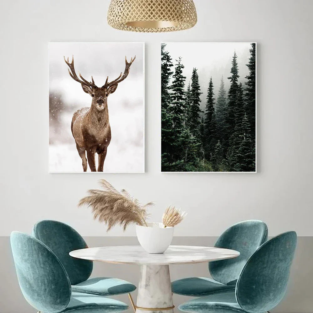 Nordic Winter Forest Deer Landschaft Wandkunst Fine Art Leinwanddrucke Galerie Wandbilder für Wohnzimmer Esszimmer Kunst für skandinavische Wohnkultur | Brehn