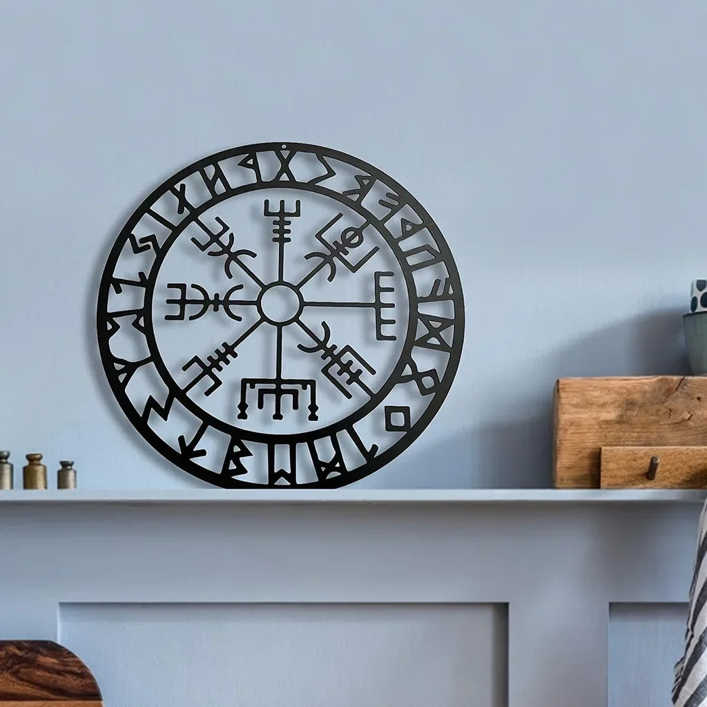 Norse Viking Runes Kompass Schwarze Metall Wandkunst 3D Eisen Handwerk Wandmontierte Nordic Plakette Für Wohnzimmer Esszimmer Kreative Home Decor