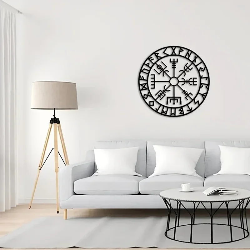 Norse Viking Runes Kompass Schwarze Metall Wandkunst 3D Eisen Handwerk Wandmontierte Nordic Plakette Für Wohnzimmer Esszimmer Kreative Home Decor
