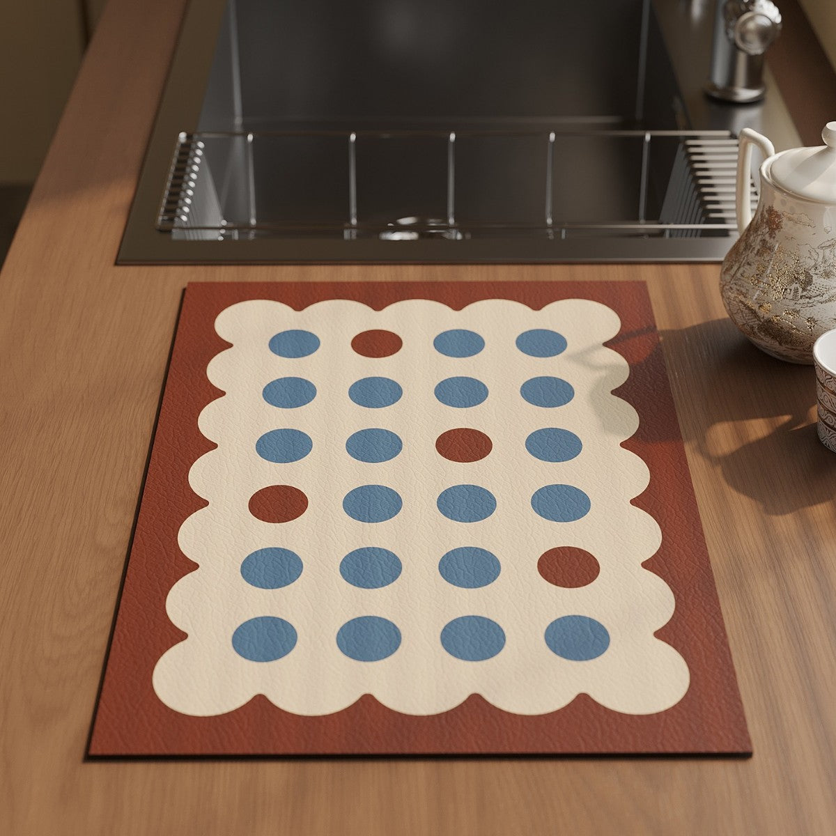 Scalloped Faux-Leather Dining Placemat with Polka Dot Texture