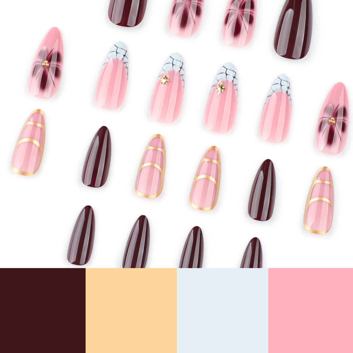 Kunstvolle Stiletto-Nägel mit Goldakzenten und dekorativen Blumenmotiven Brehn
