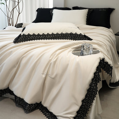 Luxus Baumwoll-Satin Bettbezug Set mit Spitze Applikation und gewelltem Rand