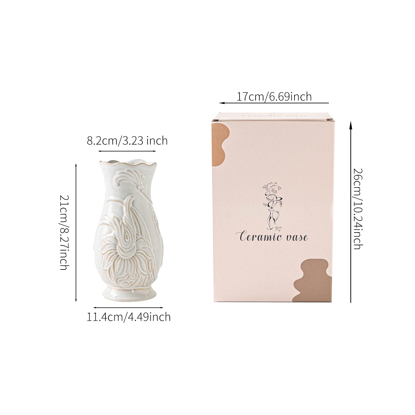Gravierte Keramiktasten-Vase mit Wellenkante und floralem Relief
