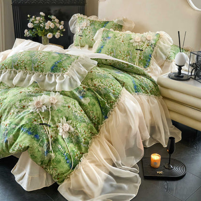 Rüschend Floral Chiffon-Besatz Bettbezug und Kissenbezug Set