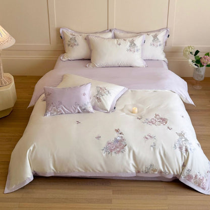 Bestickte Satin-Feel Bettbezug- und Kissenbezug-Set mit floralem Hase Applikation
