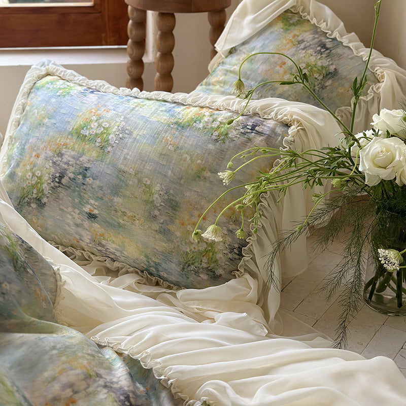 Luxus-Baumwoll-Bettwäsche-Set mit romantischen Rüschen und Aquarell-Blumenmuster