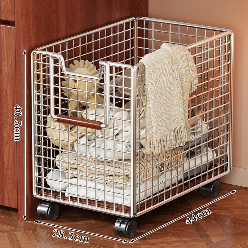 Rolling Metal Mesh Aufbewahrungskorb mit Holzgriff und arretierbaren Rollen