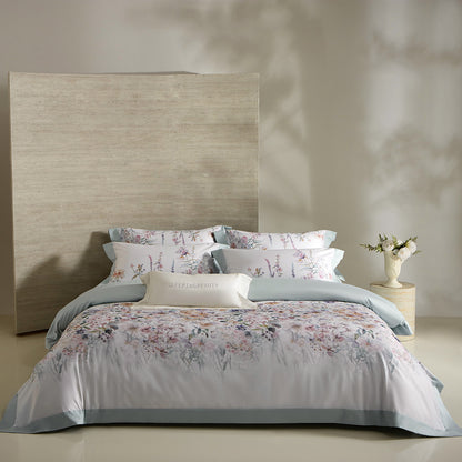 Blumen-Aquarell Baumwollsatin Bettbezug Set mit verstecktem Reißverschluss & bestickten Kissenbezügen