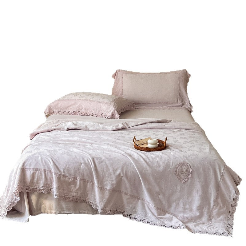 Bestickte Jacquard-Baumwoll-Spitzenbettdecke und Kissenbezug-Set