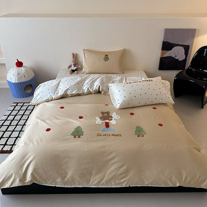Bestickte Baumwollsatin Bettbezug Set mit Applikation Hasen und Punkte Kissenbezüge