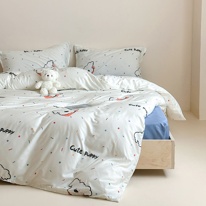 Cartoon Puppy Bedruckte Baumwollsatin Bettwäsche Set mit Kissenbezügen
