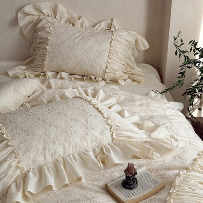 Romantisches besticktes Baumwoll-Bettwäscheset mit Volants und floraler Jacquard-Stickerei