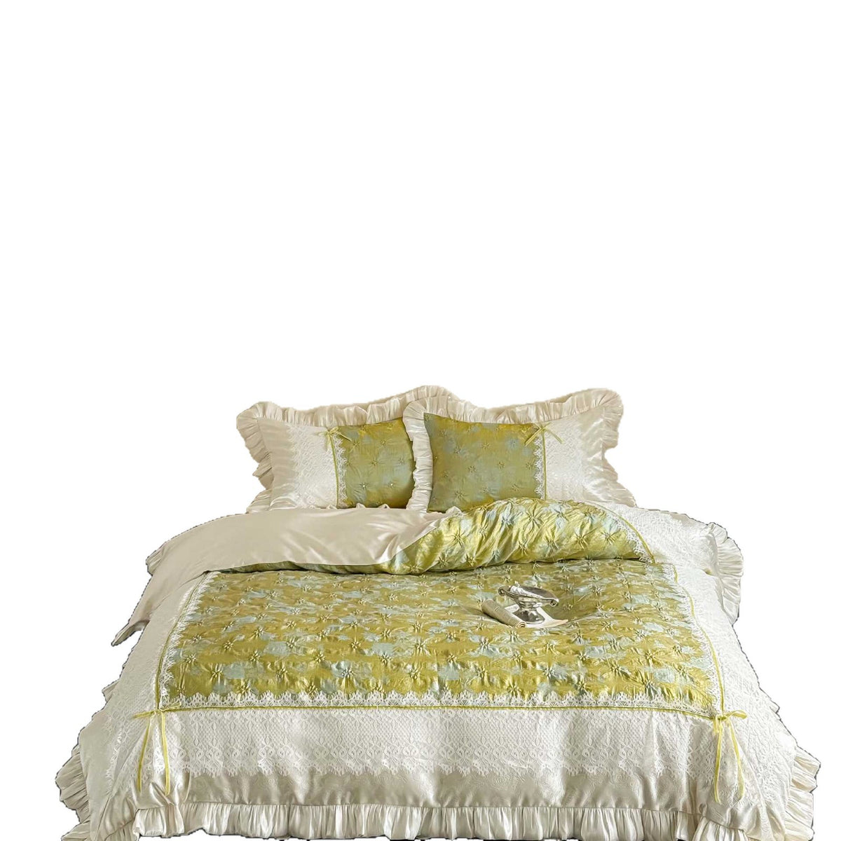 Satin-Trim Gequiltetes Jacquard Bettbezug Set mit Spitzenkante Kissenbezügen