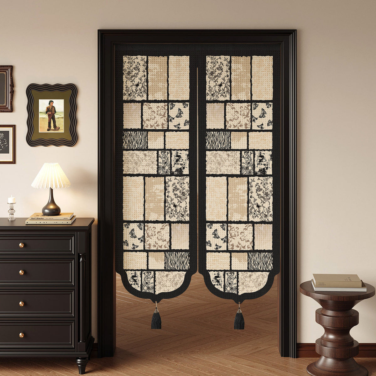 Botanical Patchwork Split-Panel Noren Doorway Curtain with Weighted Tassels