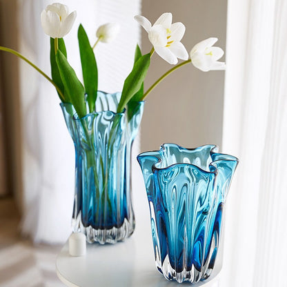 Mouth-blown gerippte Blütenrand dekorative Glas Tischvase Brehn