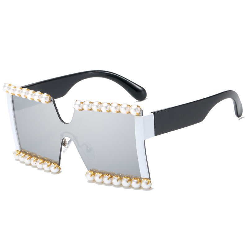 Damen extravagante Rechteck-Sonnenbrille mit Perlenschmuck und UV-Schutz Brehn