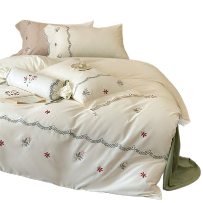 Besticktes Florales Baumwollsatin Bettwäsche Set mit Wellenstickerei und Kissenbezügen
