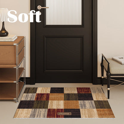 Decorative Absorbent Non-Slip Entrance Doormat with Patchwork Plaid Pattern and 'Home' Embossed Accent